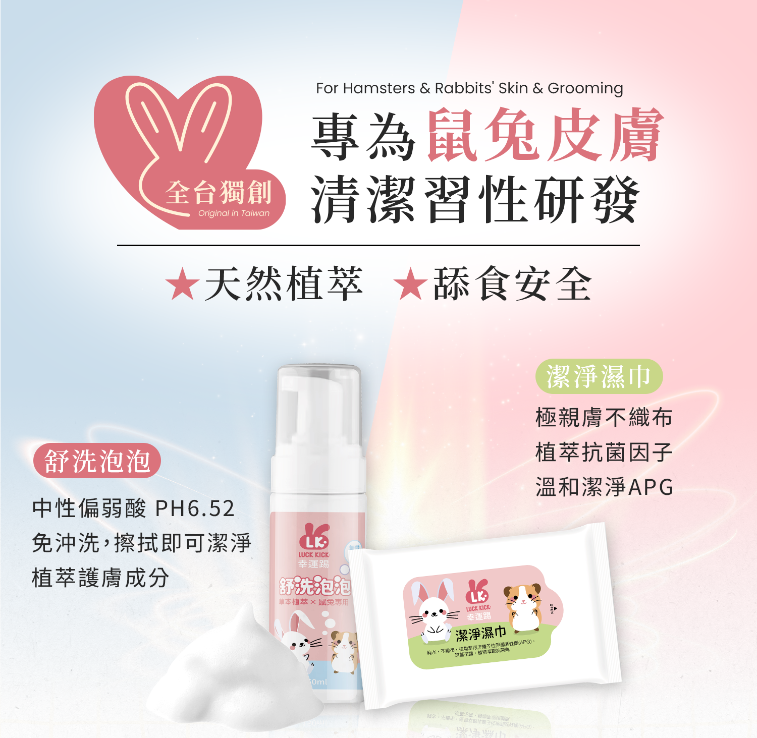 幸運踢舒洗泡泡與潔淨濕巾，為鼠兔皮膚清潔研發，標示天然植萃與可舔食安全