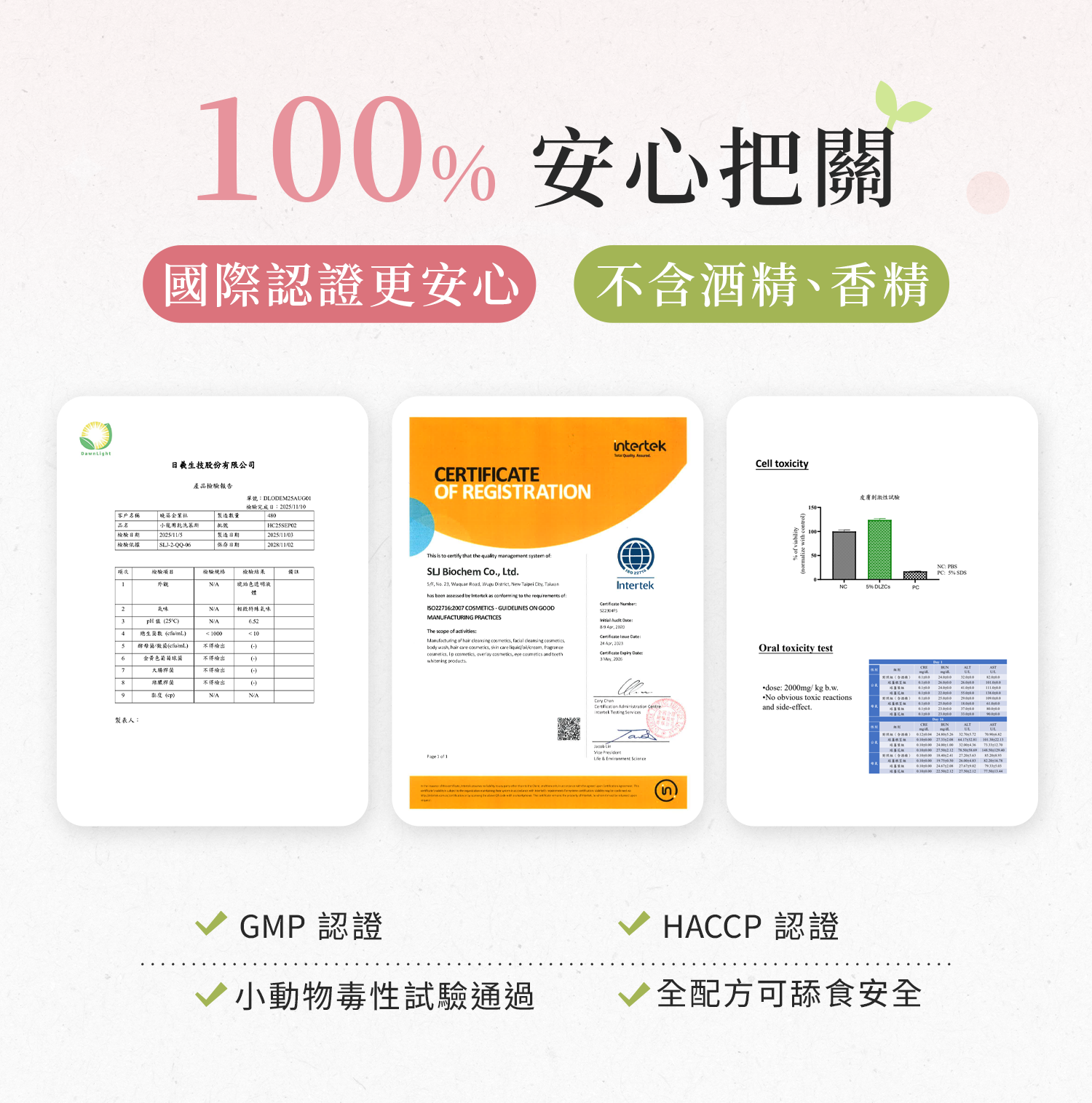 幸運踢產品檢驗與認證資訊：不含酒精與香精，標示GMP、HACCP及小動物毒性試驗通過