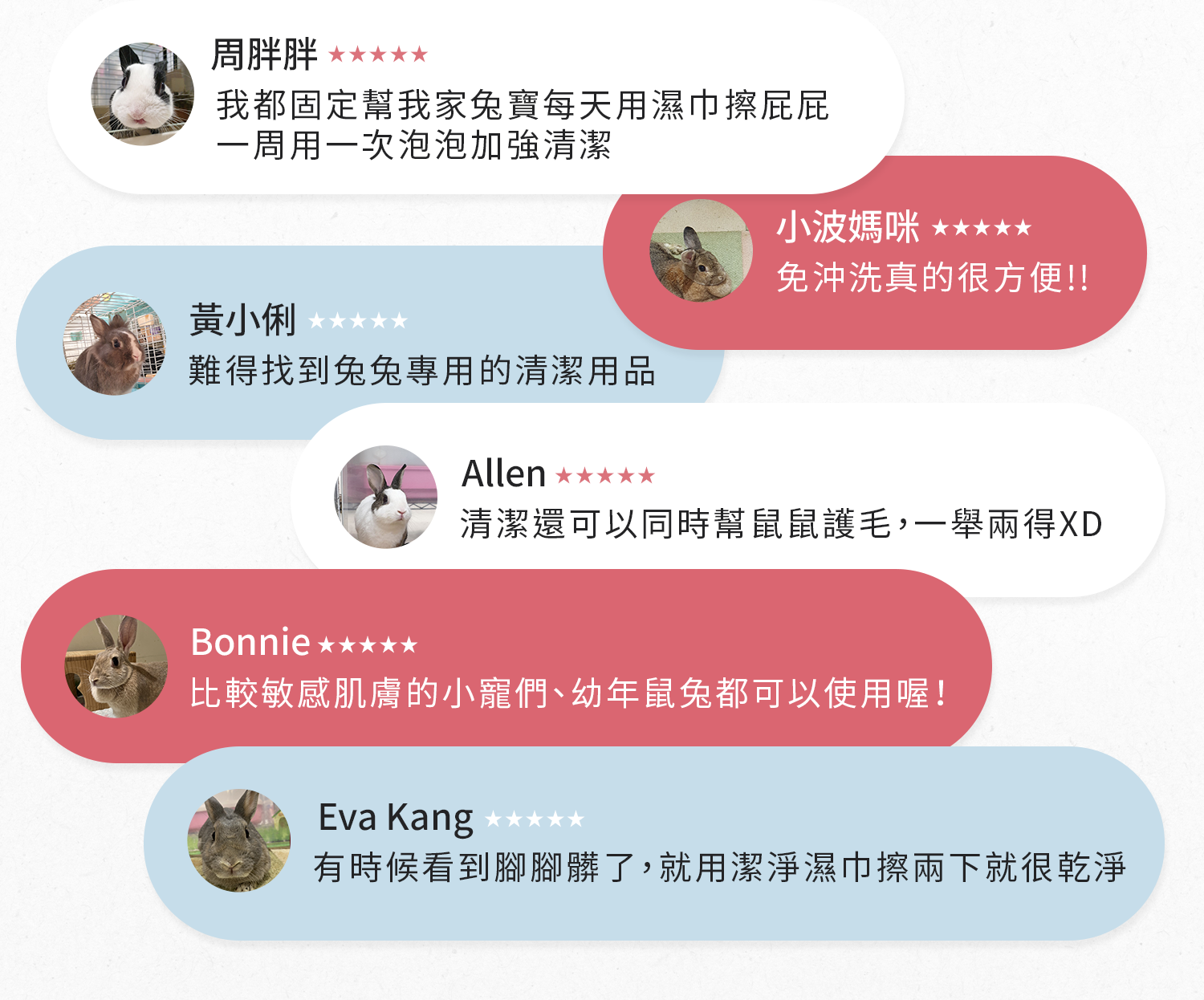 兔子飼主對潔淨濕巾與舒洗泡泡的五星使用評價